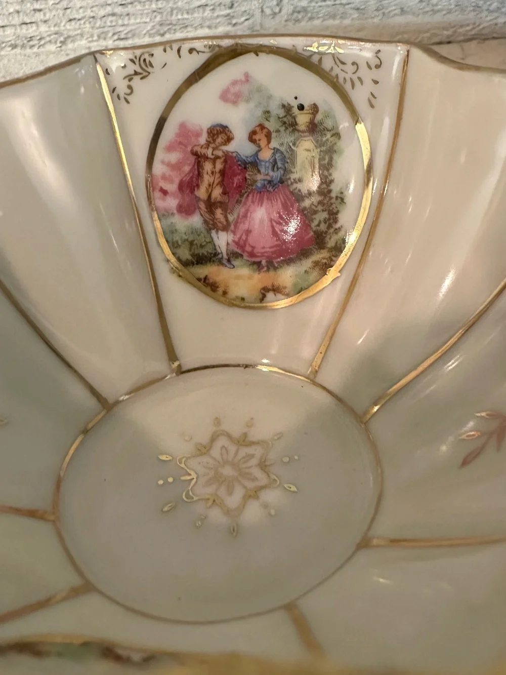 Lefton Scalloped Fluted Green Tea Cup  Hand Painted Courting Couple Romantic